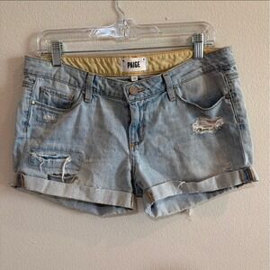 PAIGE Jimmy Jimmy Distressed Denim Shorts Light Wash Cuffed Mid Rise 28